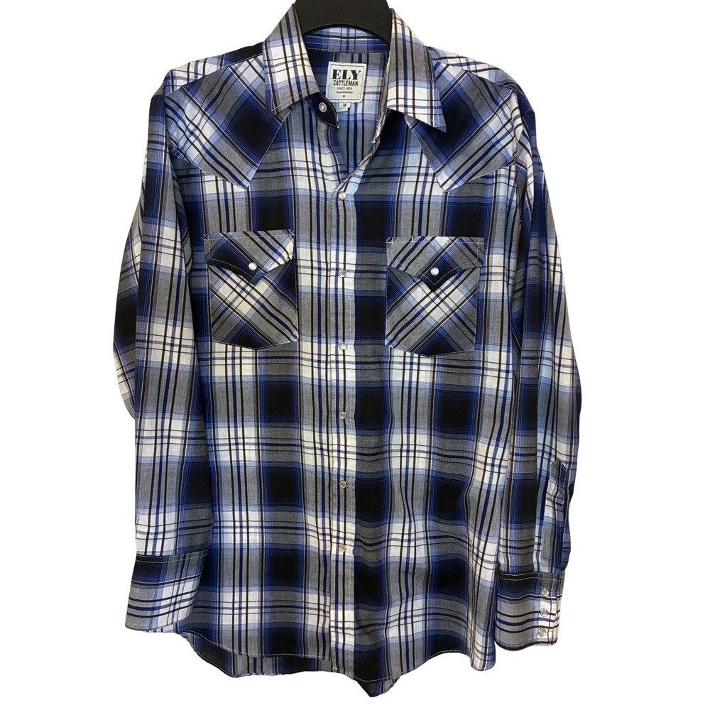 Vintage Ely Cattleman Mens Blue Black Plaid Western Pearl Snap Shirt Medium